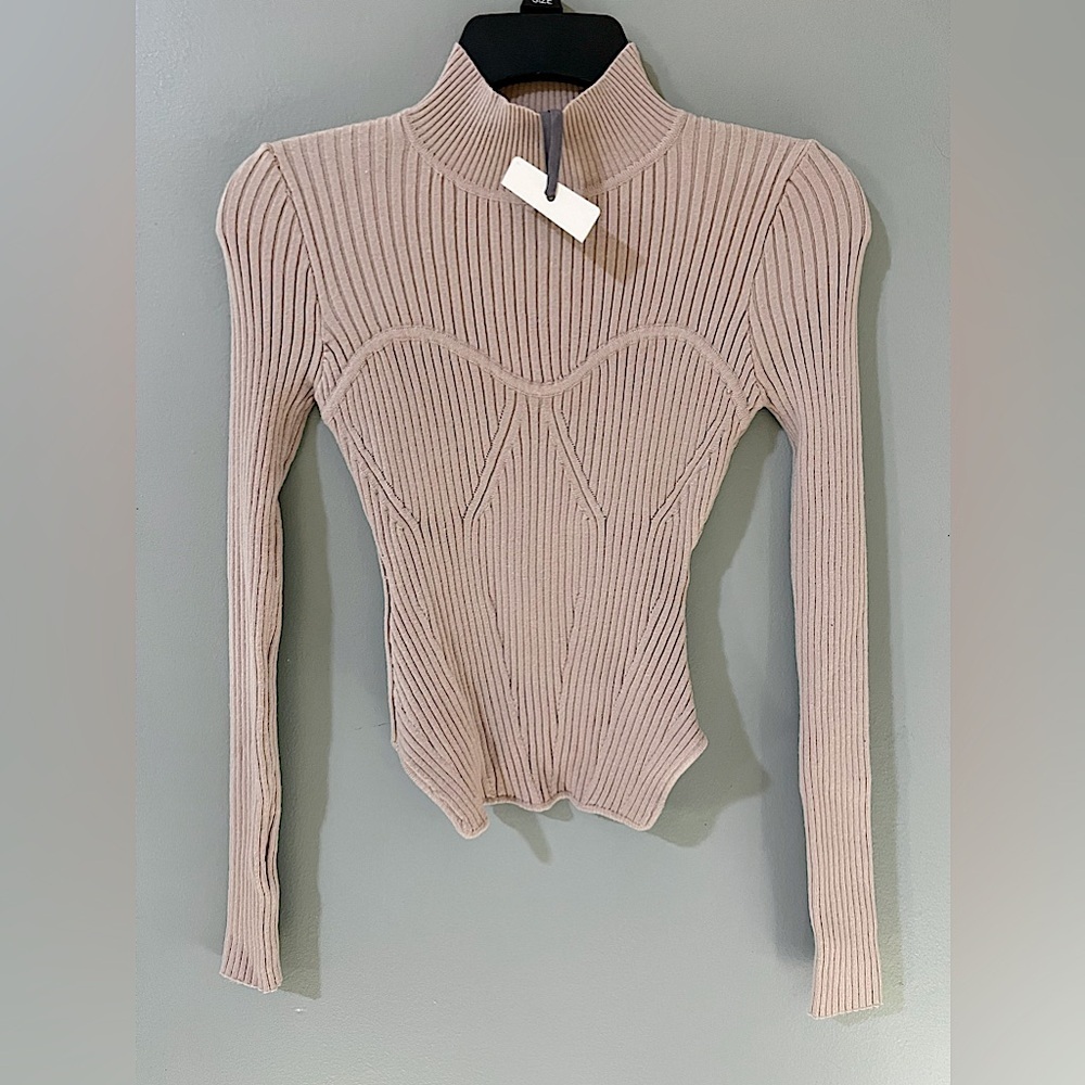 Dress Forum women's ribbed high neck blouse camel color size small long sleeve